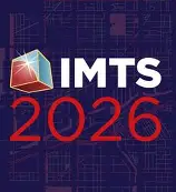 Logo IMTS 2026: cubo rosso e azzurro, date evento. Fiera internazionale della tecnologia manifatturiera.