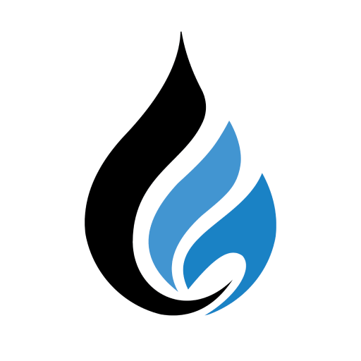 Logo OGA: stilizzata fiamma nera e azzurra su cerchio bianco. Design moderno per l'organizzazione.